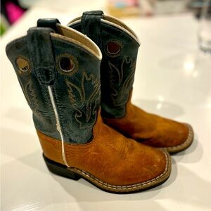Oldwest leather cowboy boots.  Size 8 toddler.  Brown and teal.